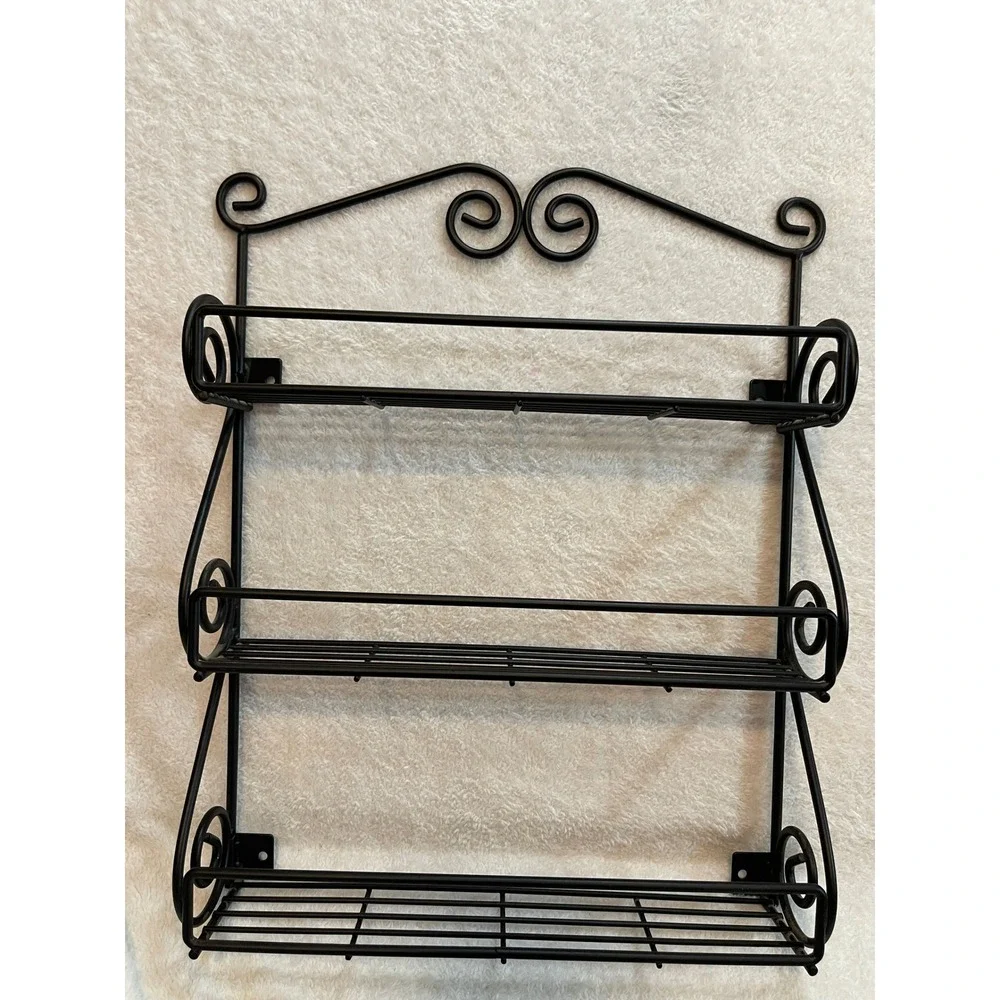 Black Metal Scrollwork Wall Mount Spice Rack 3 Tier Kitchen Organizer 15x12x3